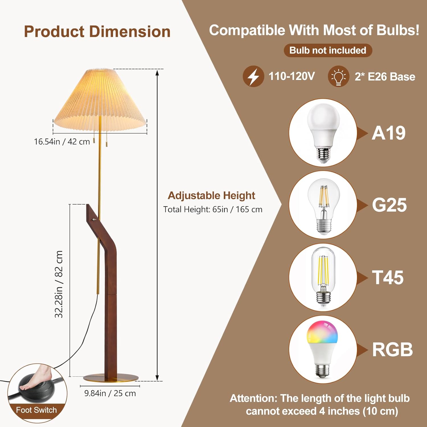 Wood Floor Lamp,Mid Century Modern Floor Lamp,Floor Lamps for Living Room, Height Adjustable Study Room,Bedroom,Office Gold Tall Standing Lamp