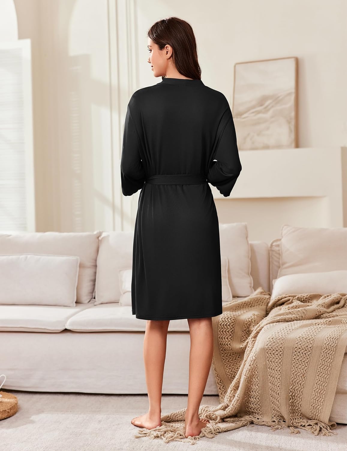 Ekouaer Robes for Women Knee Length Kimono Bathrobe Lightweight 3/4 Sleeve Sleepwear Soft Loungewear with Pockets S-XXL - Image 4