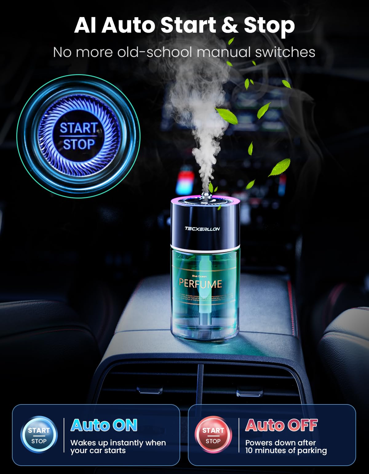 TECXERLLON Diffuseur d'Air Voiture, Lumière Ambiante Étoilée RVB, 4 Modes Parfum, 120 Jours Autonomie, Charge USB-C Rapide, Marche/Arrêt Auto, Parfum Océan, 120ml