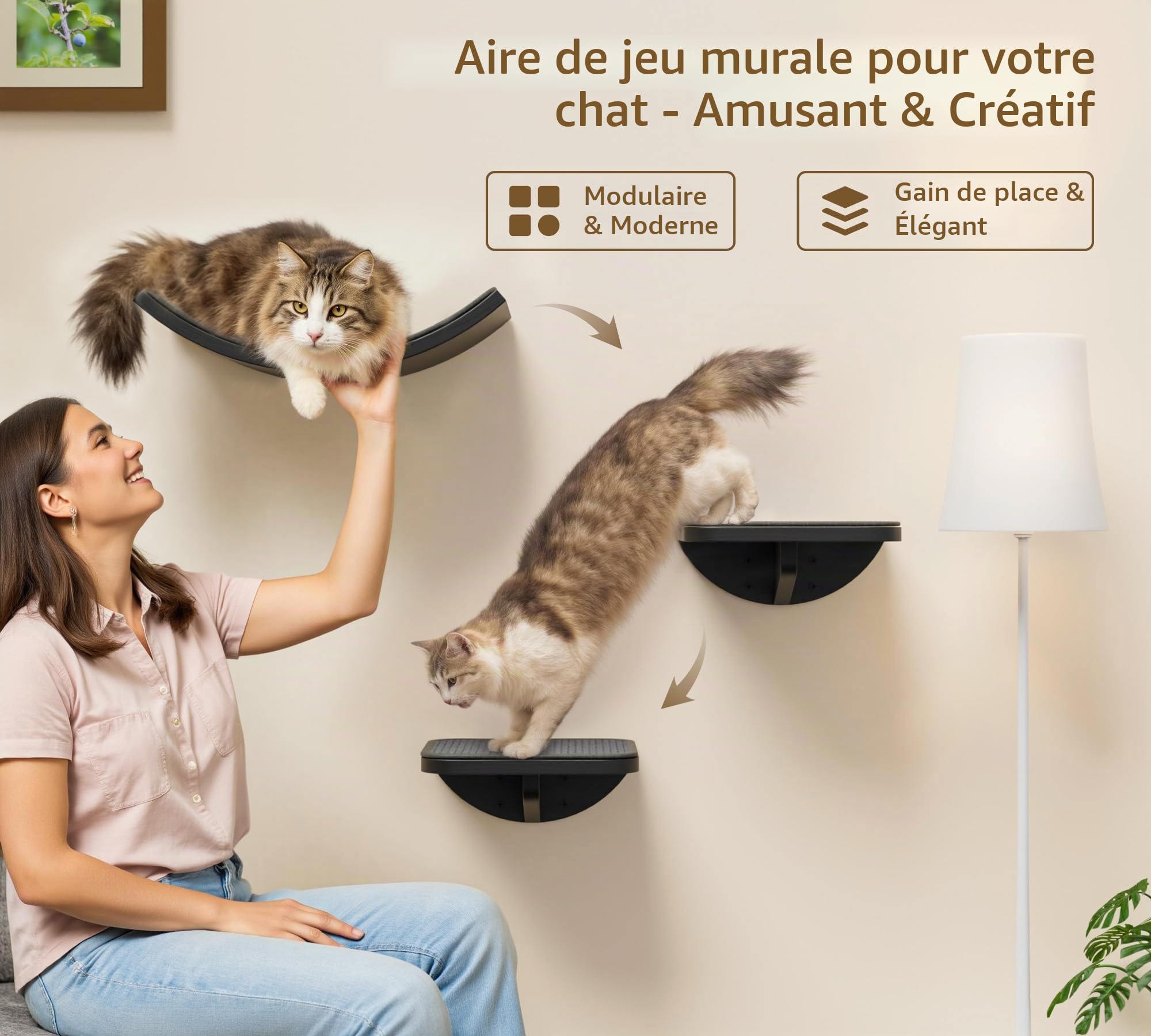 Ensemble de cadre d'escalade pour chat avec tapis à griffer, ensemble de meubles muraux pour chat avec 2 marches et plateformes incurvées, étagères en bois pour chat pour dormir et jouer