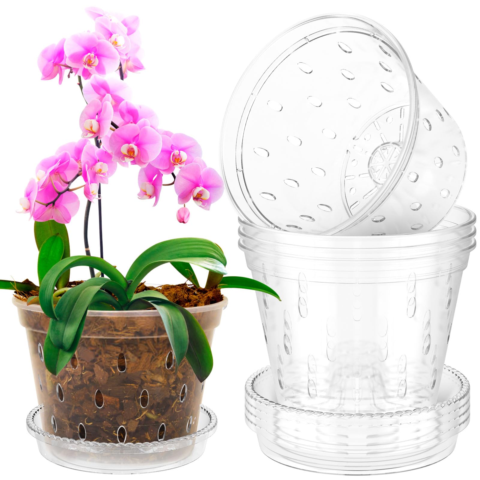 Nihuifdpy Transparent 5Pcs Orchid Pot For Repotting 6 Inch Slotted Orchid Planter Pots With Holes And Saucers Plastic Clear Nursery Pots For Orchids Repotting Kit(6 Inches)