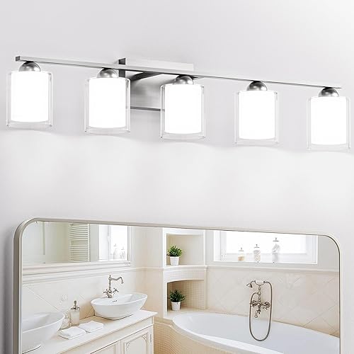 Miniatura 165 de Quntis Lámparas de baño negras de 4 luces con 5 modos de color, lámpara de tocador moderna regulable de 27 pulgadas sobre espejo, lámpara de pared
