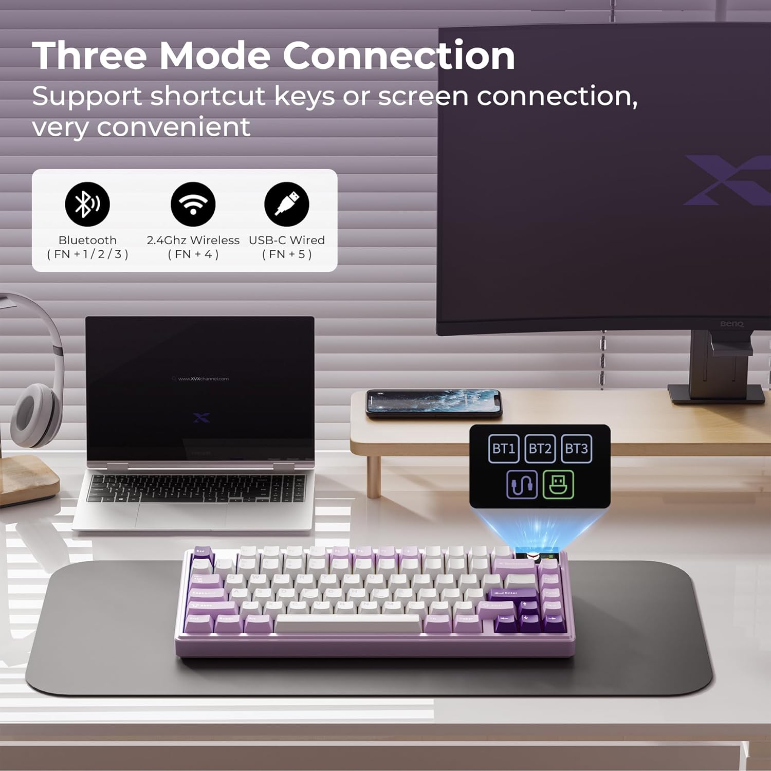 Keyboard TFT display showing various settings like connection, RGB mode, volume, and custom GIF