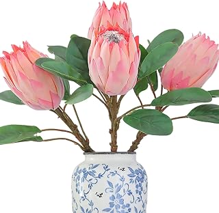 3 Pcs Artificial Protea Flowers, Pink Fake Protea Cynaroides Flower Silk Proteas Cynaroides Flowers with Leaves Faux Proteas Flower Stems for Floral Arrangements Table Centerpieces