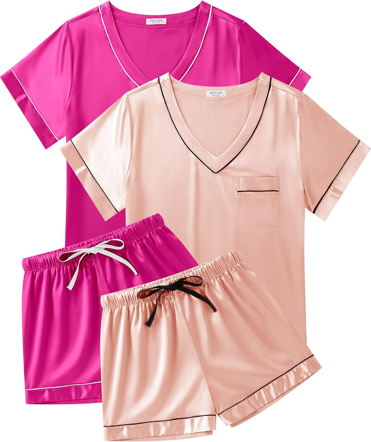 Ekouaer 2 Pack Silk Pajamas for Women Short Sleeve Satin Pj Set Soft V neck Sleepwear Loungewear, S-XXL