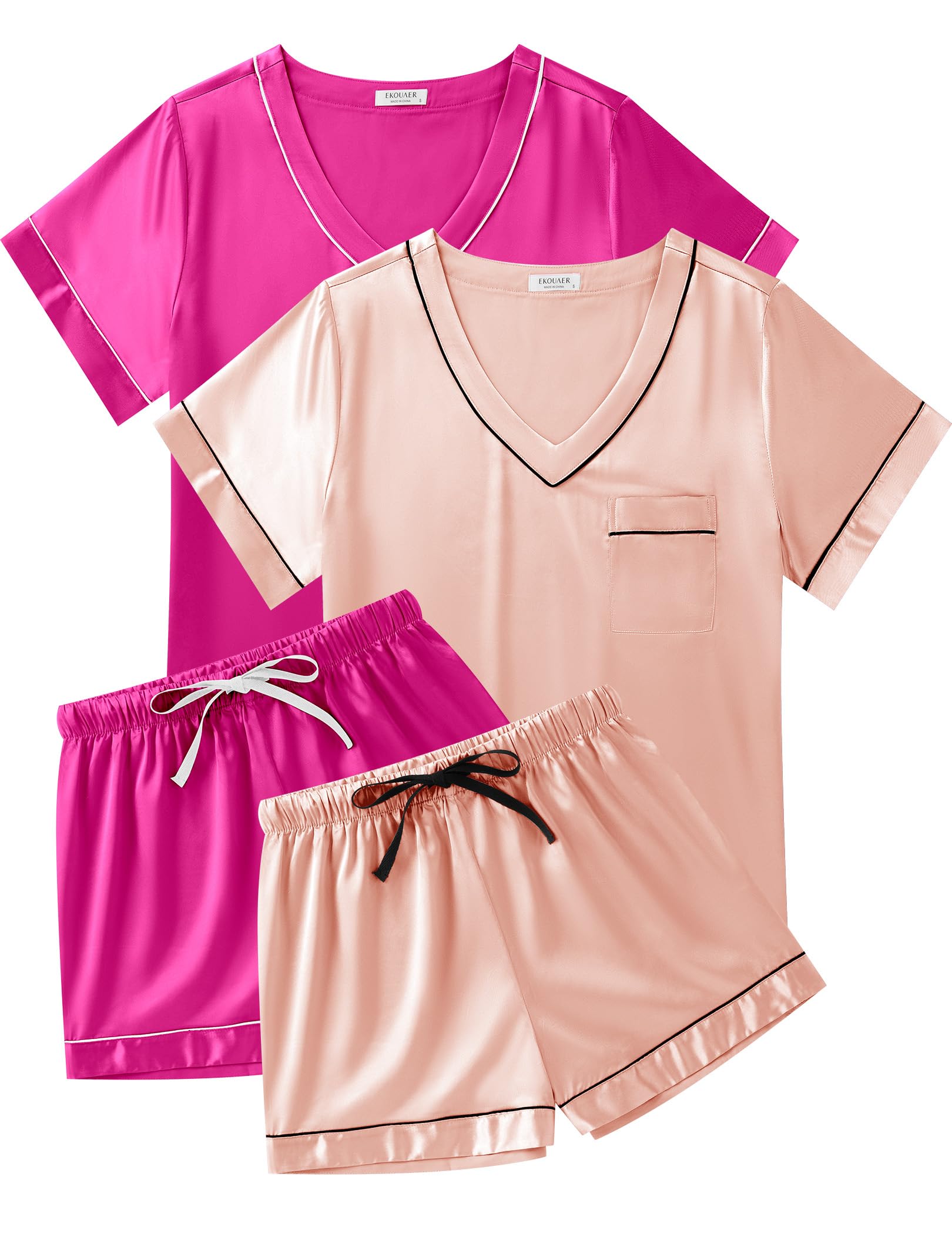 Ekouaer 2 Pack Silk Pajamas for Women Short Sleeve Satin Pj Set Soft V neck Sleepwear Loungewear, S-XXL