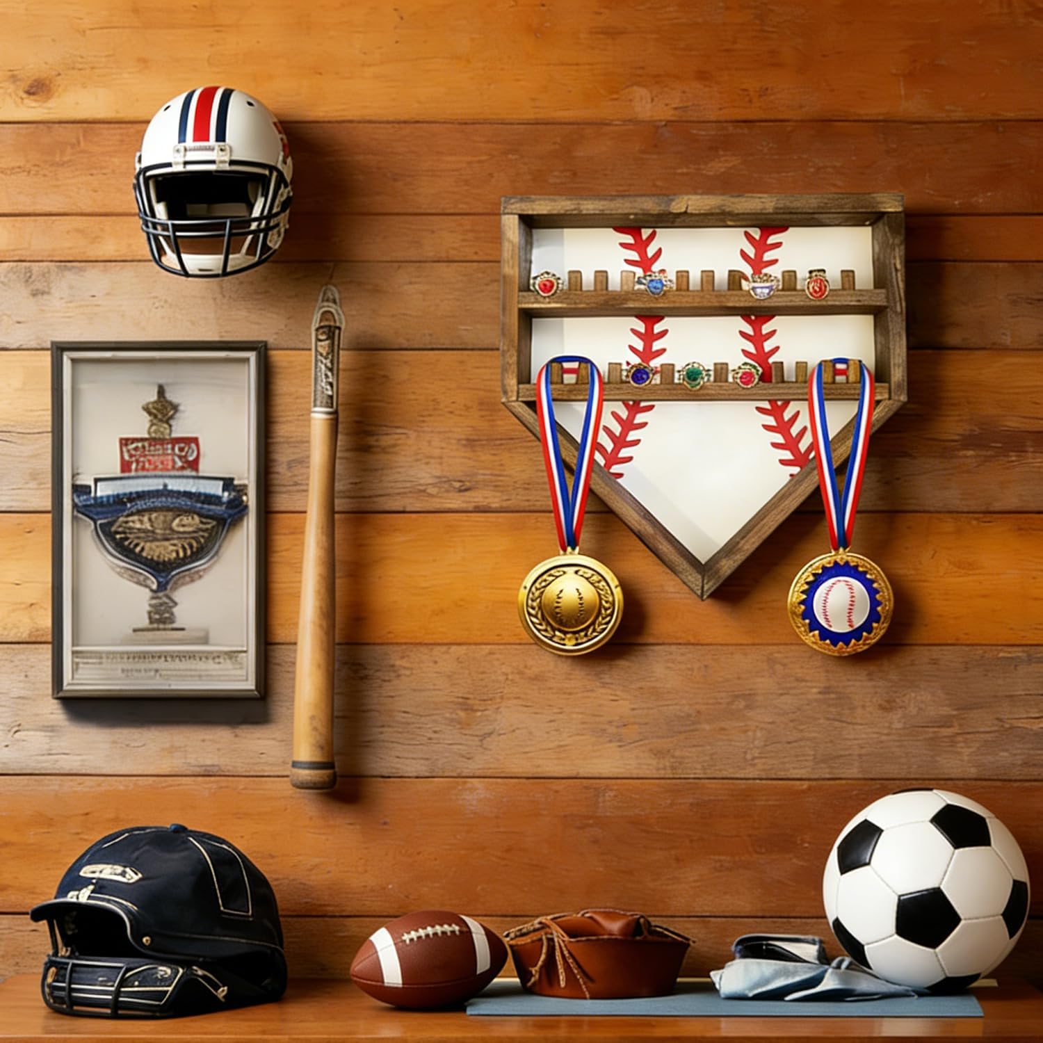 Personalized Championship Ring Display Case - 24 Post Wooden Baseball Softball Ring Holder, Wall Mount Trophy Medal Showcase for Kids Motivation (Yellow)