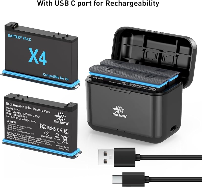 Pachet încărcător baterii Melasta pentru camera Insta360 X4, baterie de schimb Li-ion 3.85V 2500mAh, 2 acumulatori și 1 încărcător cu două porturi