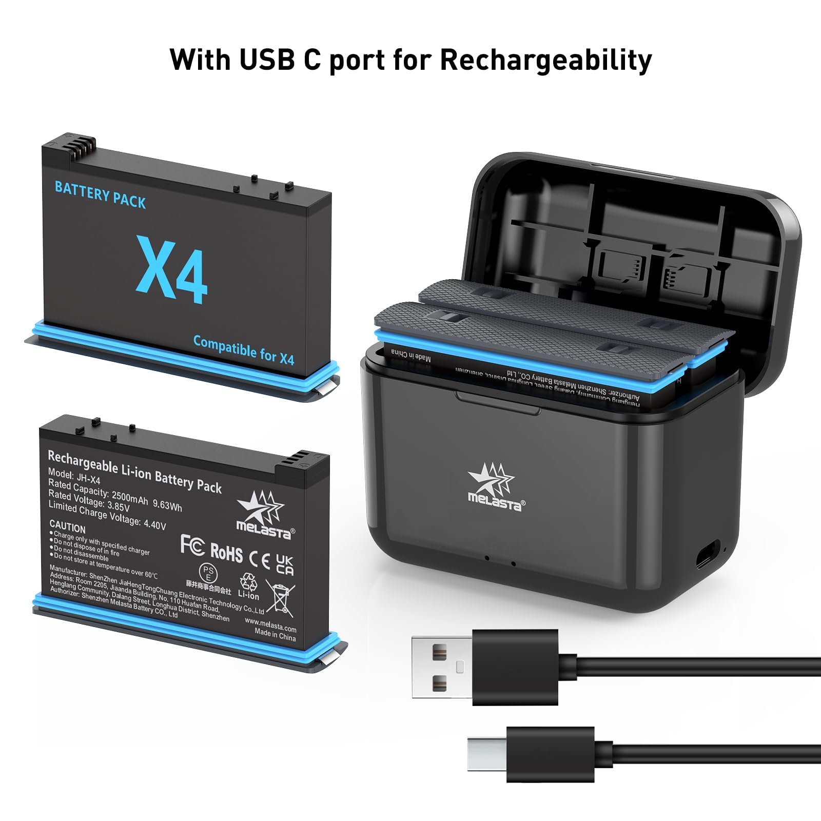 melasta per Insta360 X4 Batteria al Litio Ricaricabile, 3,85V 2500mAh Batteria x4 e Caricatore Con 2 Batterie e 1 Caricatore (con Slot per Schede)