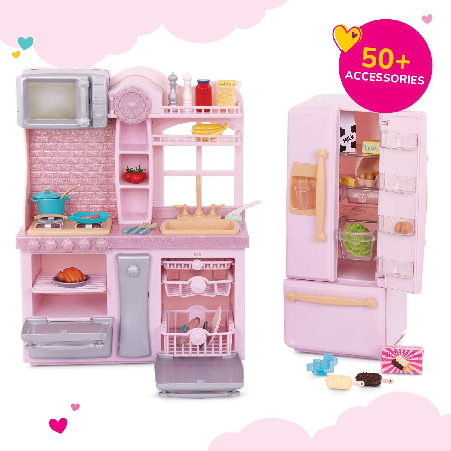Our Generation – Pink Fridge & Home Kitchen Playset – Cooking & Pretend Food Items – 18-inch Doll Accessories – Imaginative Play – Toys for Kids Ages 3 & Up – Gourmet Kitchen Set