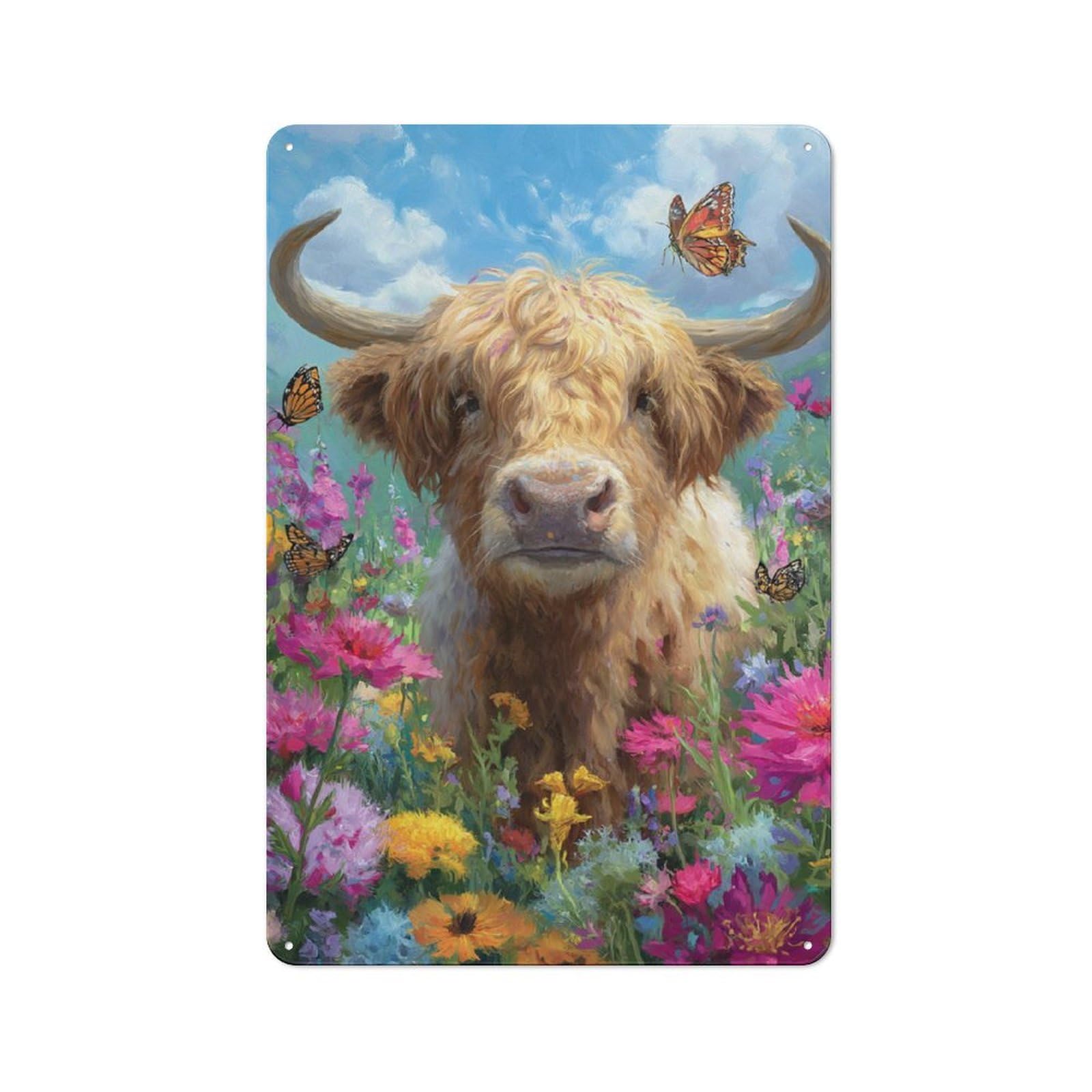 Junmoney Highland Cow In Bloom Smart Tin Sign 30X20cm Featuring Office Wall Decor For Workspace, Cafe, Shop Or Desk Area