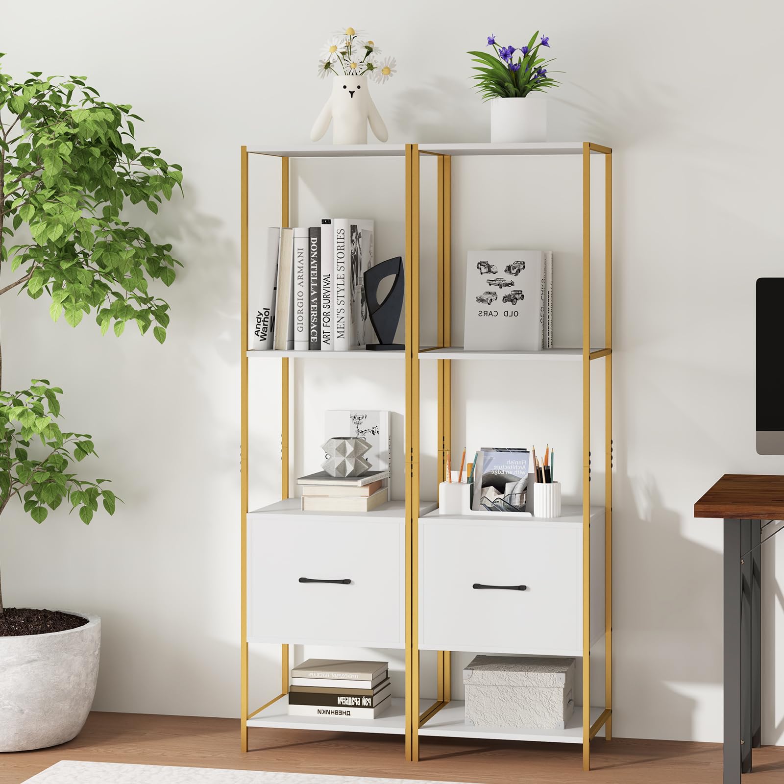HOMASIS Libreria da Parete a 4 Ripiani e Cassetto, Libreria Verticale a Colonna da Terra in Legno, Struttura in Metallo, Scaffale ad Angolo per Soggiorno, Studio, Cucina, 45 x 35 x 160 cm (Bianco)