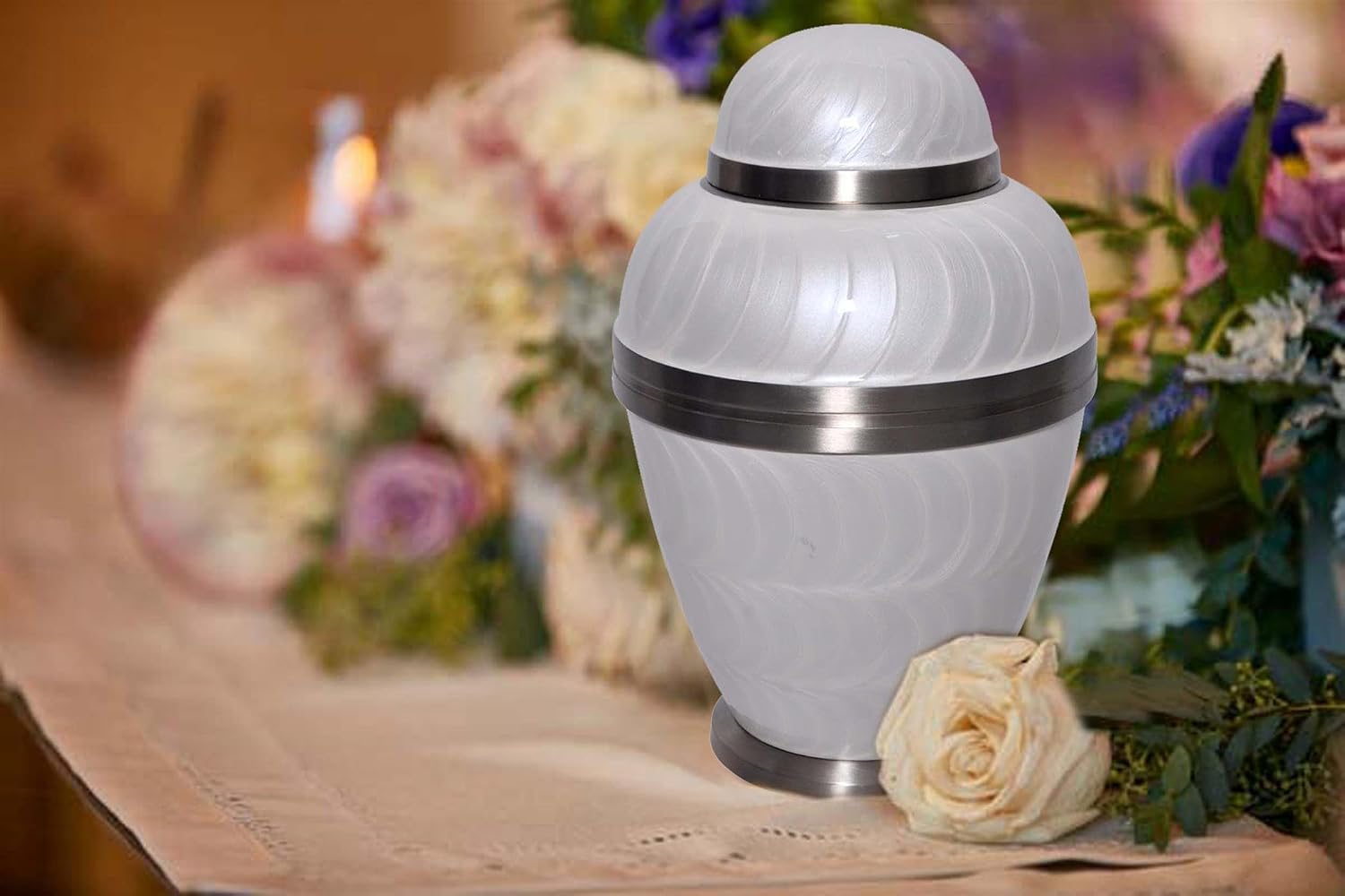 Serene Pearl White Cremation Urn - Solid Brass Adult Urn for Human Ashes - 100% Handcrafted Funeral Urn - Large Urn with Free Bag (Pearl White)