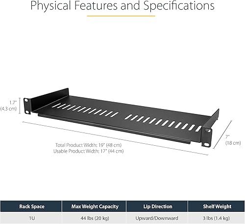 Vista 2 de StarTech.com Estante de bastidor de servidor de 1U - Bandeja universal con ventilación en voladizo para bastidor de 19" para equipos de red