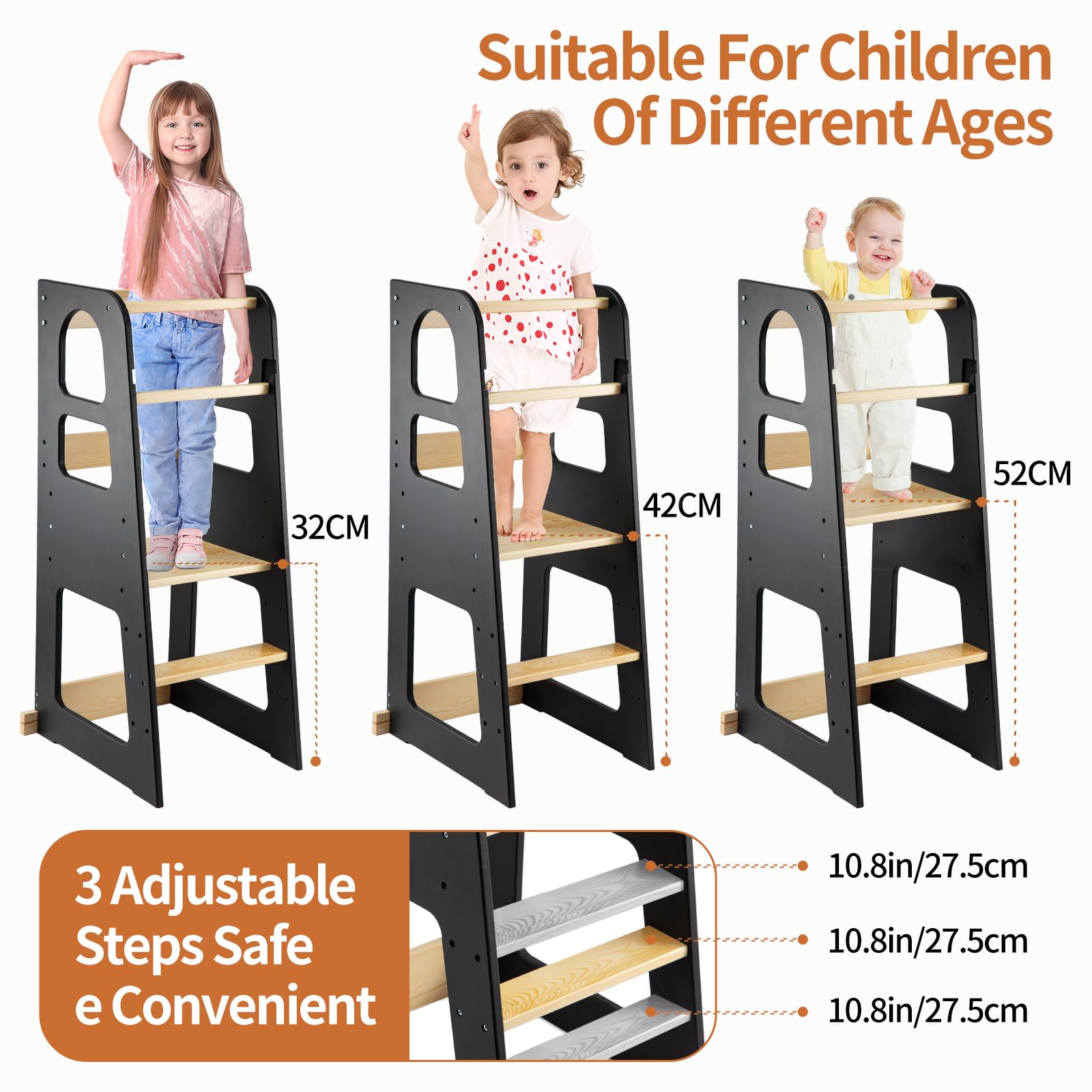 Youyijia Lernturm Ab 1 Jahr Learning Tower In DREI Gängen Verstellbar Hölzerner Lernturm Kinder Für Die Küchentheke Umkippschutz Schwarz