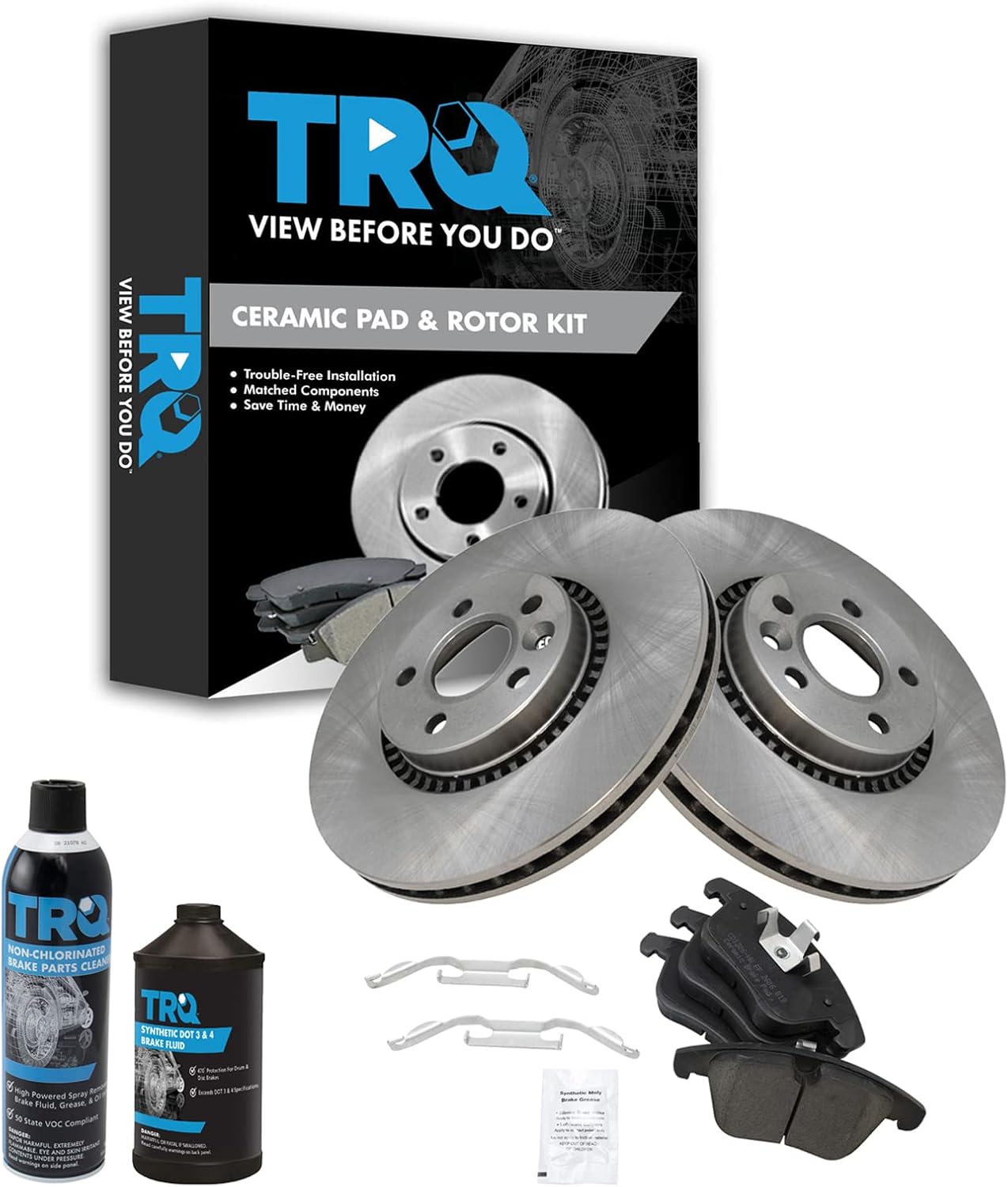 TRQ Front Brake Pad & Rotor Kit Brake Chemical Kit Brake Pads Brake Rotor Ceramic Compatible with 2008-2014 Land Rover LR2