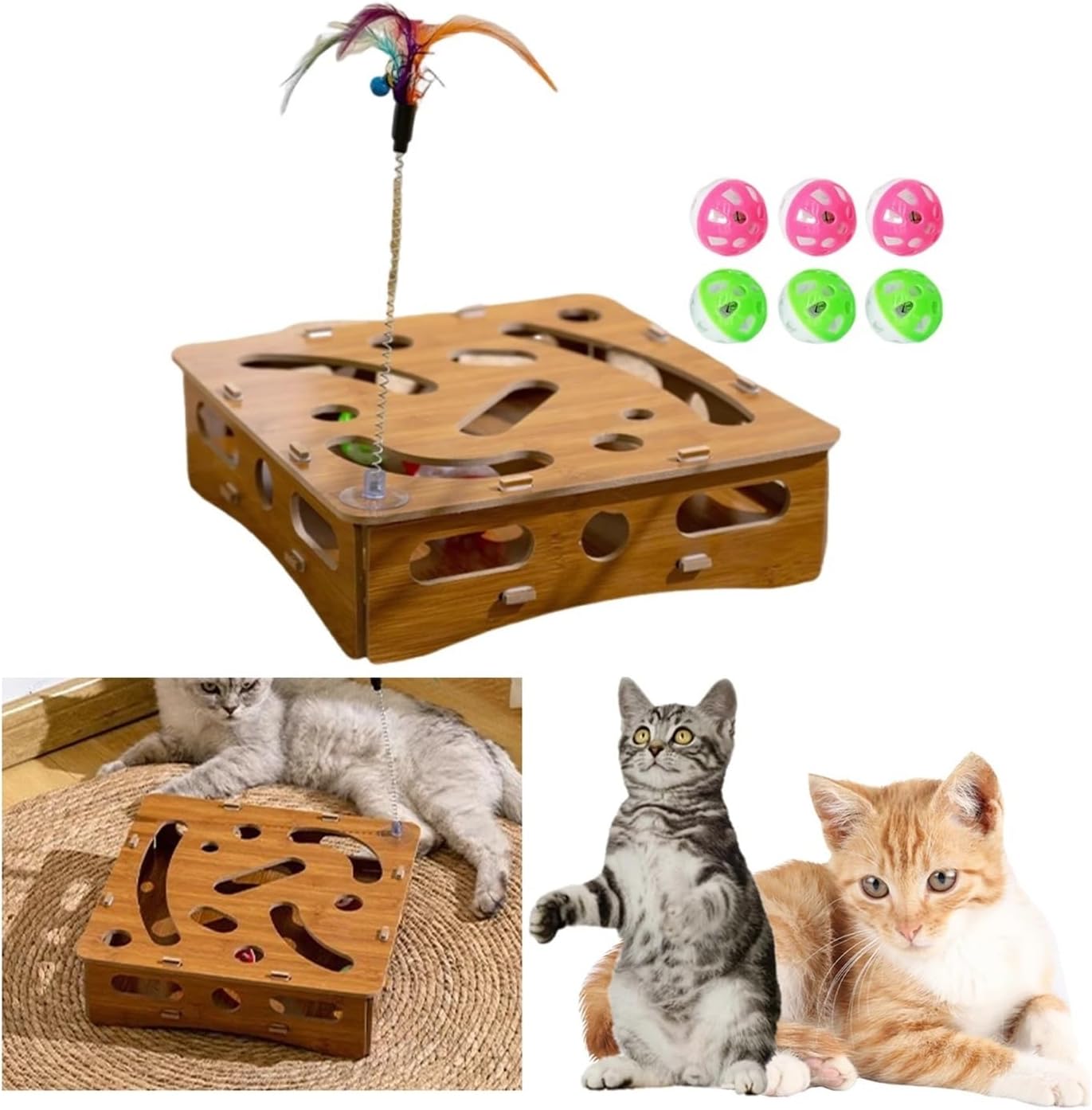 Cat Nail File Enrichment Box with A Cat Teaser Stick 6 Balls Interactive Cat Scratch Puzzle Box for Cats