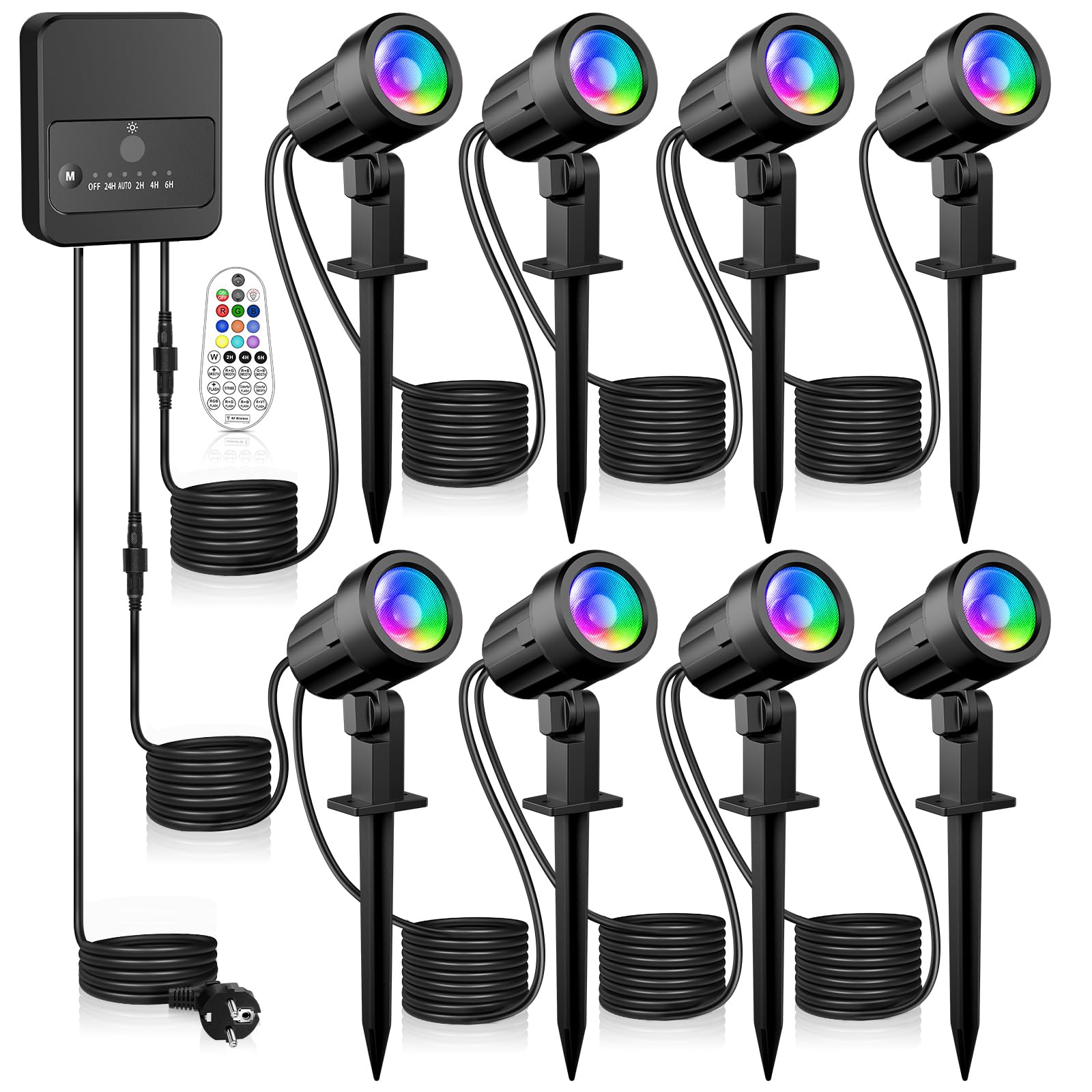 Linke LED-Gartenbeleuchtung RGB 8er-Set mit Fernbedienung | 10 Farben, 30 Dynamik Modi, 2 Helligkeiten, IP66 wasserdicht, Speicherfunktion, Timer, 23m Kabel, Dämmerungssensor