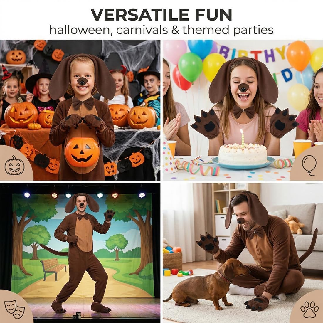 Dackel-Hunde-Set, 5-teiliges Welpen-Kostüm-Set, inklusive Dackel-Haarband, Nasenschwanz, Handschuhe, Fliege für Erwachsene, Kinder, Cosplay, Kindertag, Weihnachten, Tier-Mottoparty