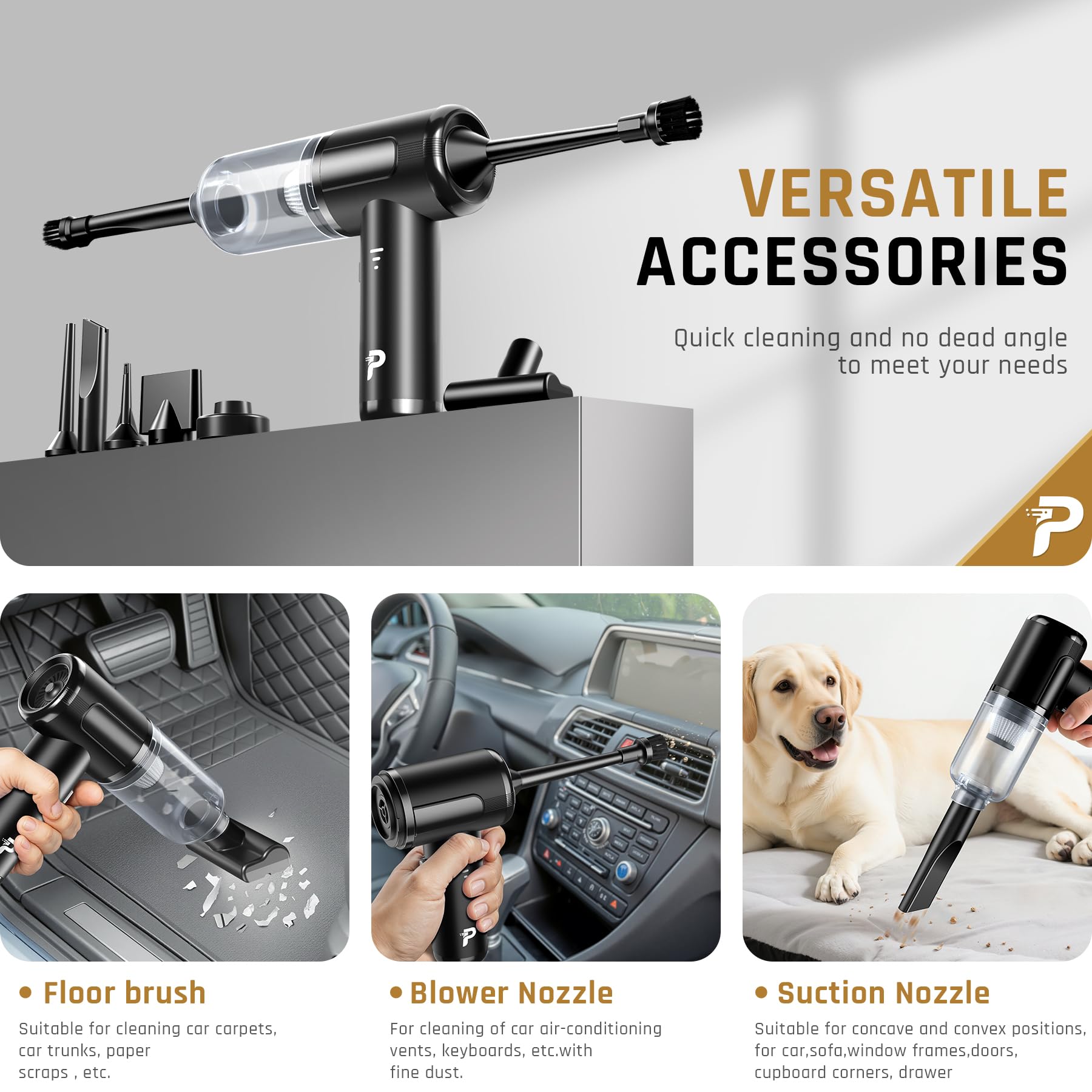 Pourbibi Aspirabriciole Senza Fili Potente, 25000Pa Aspirapolvere Auto Portatile con Motore Brushless Mini Aspirapolvere Potente per Auto Casa Ufficio Peli di Domestici