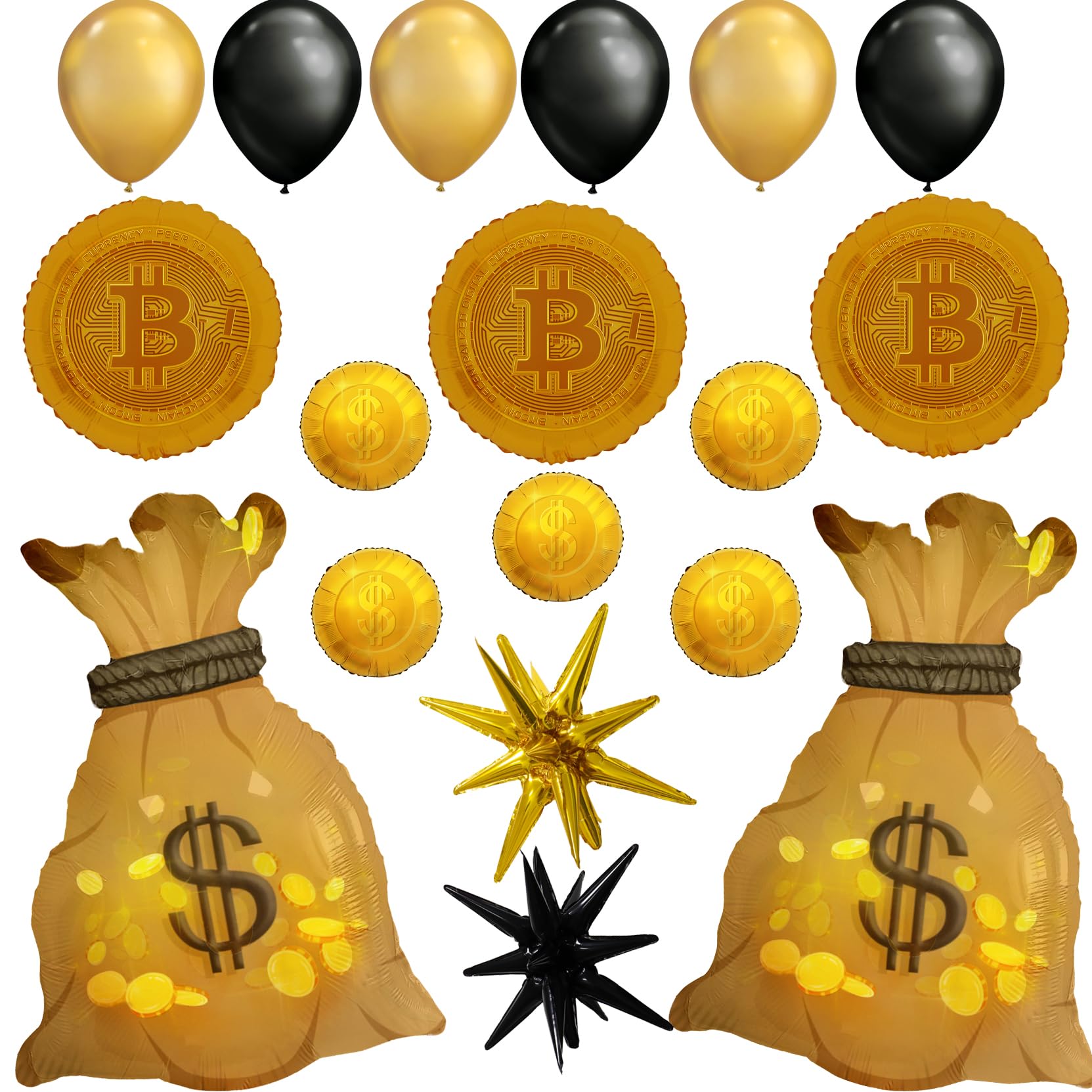 Amazon.com: Money Theme Balloons Set,Bitcoin/Dollar Coin/Gold Money Bag  Foil Balloons for Casino Party, Vegas Decor, Millionaire Birthday  Decorations, Rich Party,Gold & Black Balloon Set : Home & Kitchen