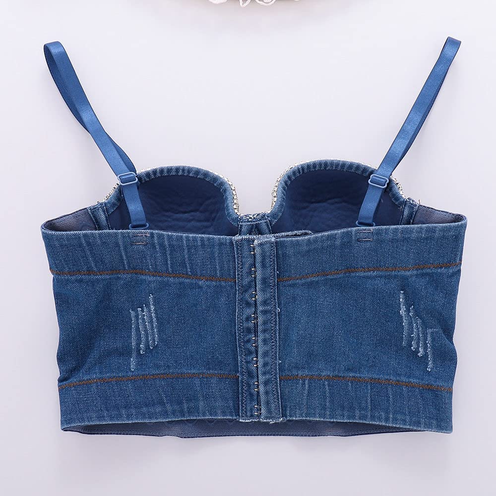 Corpetto Donna,Donna Denim Push Up Bustini Corsetto Glam Diamante Nappa Crop Top Estate Canotta Jean In Difficoltà Spaghatti Straps Bustier Corsetto Top Reggiseno Clubwear Party Corsetto Y2K, S 34B