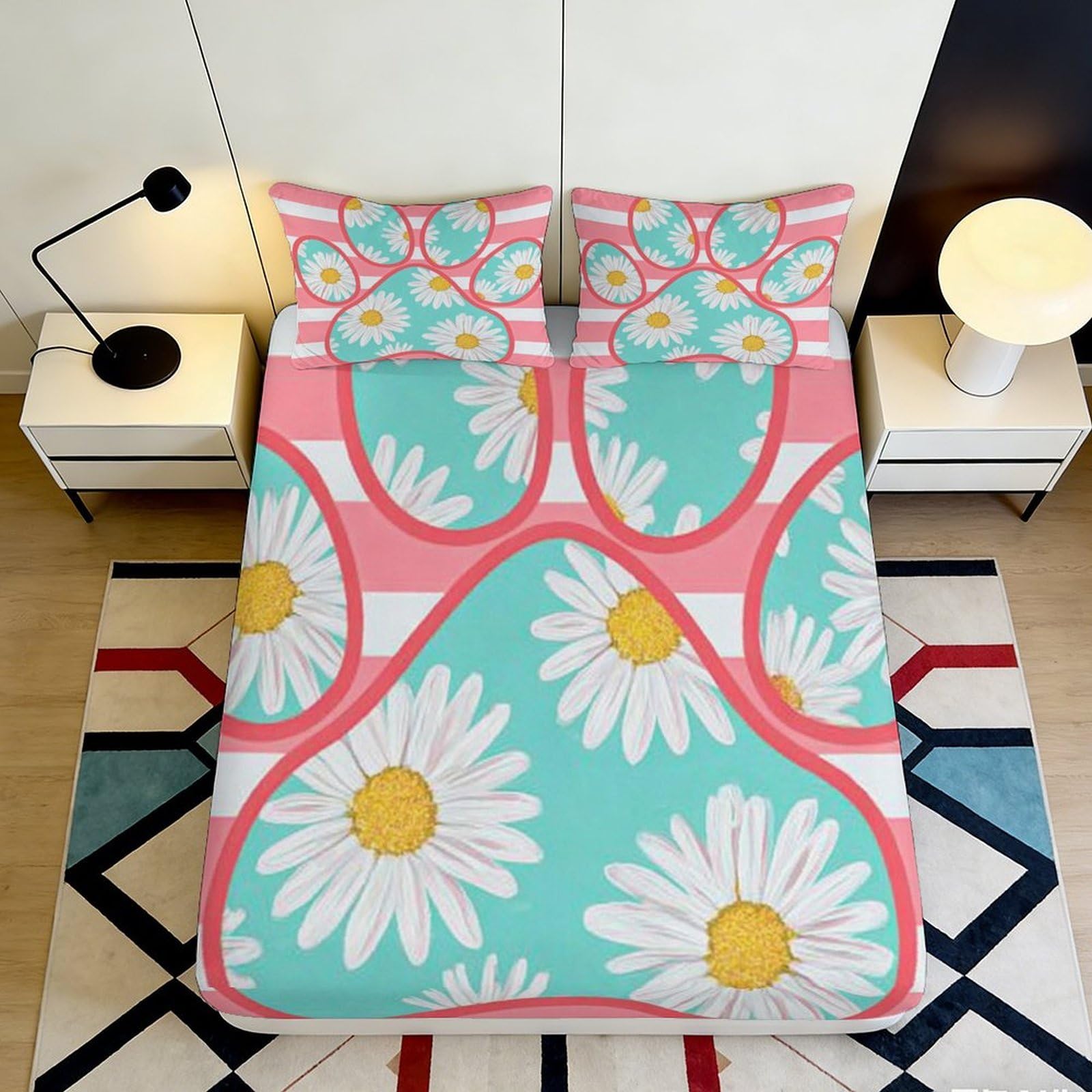 3D Printed Daisy Floral Fitted Sheet Microfiber Anti-Slip Pastel Stripe Bed Cover for Bedroom Dorm Mattress Decor 90x200x25cm