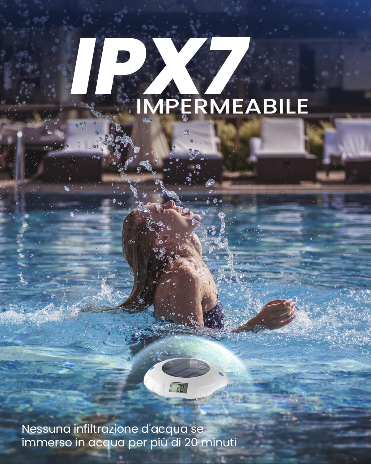 Termómetro de piscina, termómetro solar digital flotante, iluminación de piscina con 8 modos LED, IPX7 impermeable para estanques, bañeras
