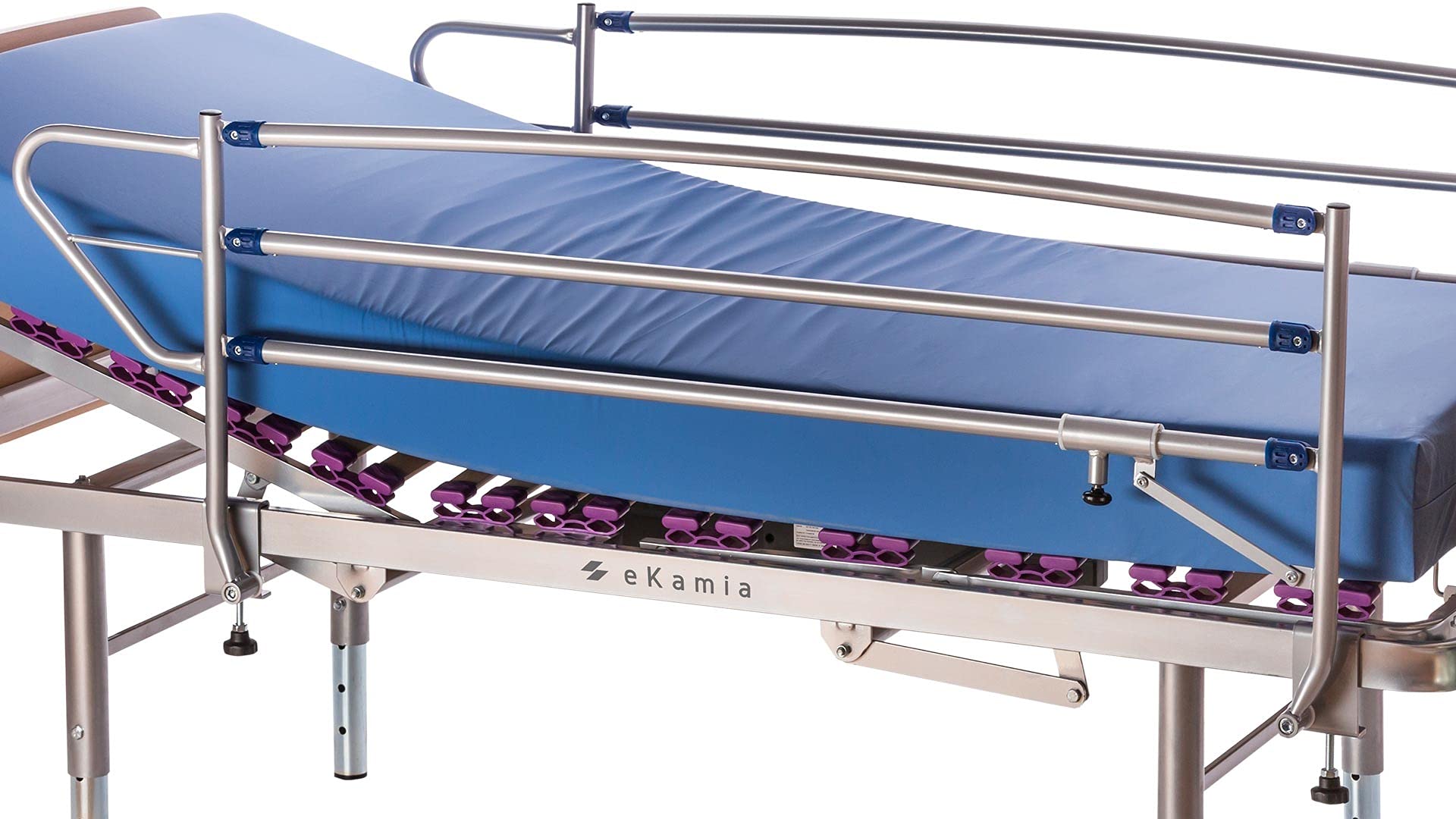 ekamia - Cama Articulada Geriátrica de Hospital Eléctrica con Colchón Sanitario HR, Patas Regulables, Cabecero, Piecero y Barandilla - 90cm x 190cm