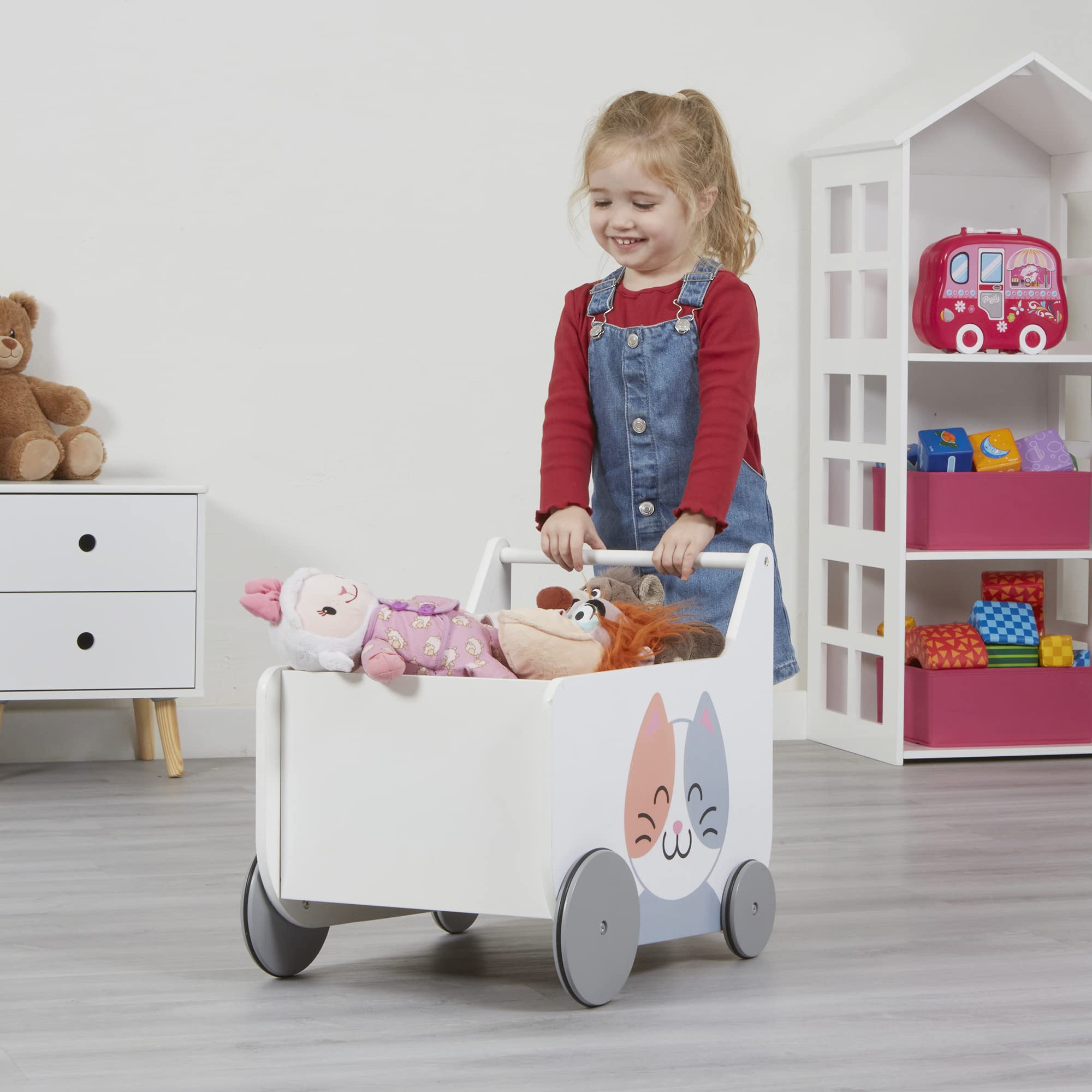 Liberty House Toys Cat and Dog Kids Wooden Push Along Walker, White and Grey