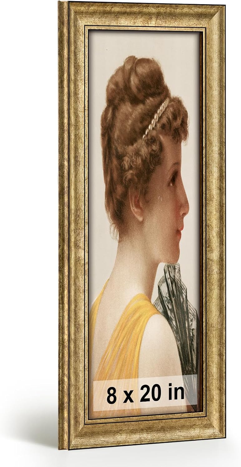 HLiWEGNS Antique Gold 8x20 Frame – Poster Frame with Aged Gold Finish – Picture Frame for 8 x 20 Artwork, Canvas Prints, Puzzles, and Wall Decor