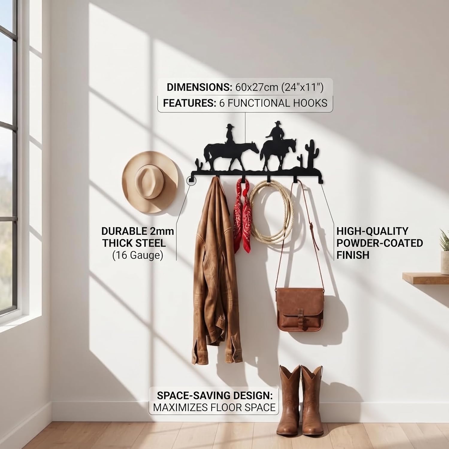 DEKADRON Metal Cowboy Themed Wall Mounted Coat Rack with 6-8-10 Folding Hooks, Wall Mount Hanger for Bathroom Entryway Living Room Bedroom, Metal Coat Hooks, 6 Hooks (24"x11")