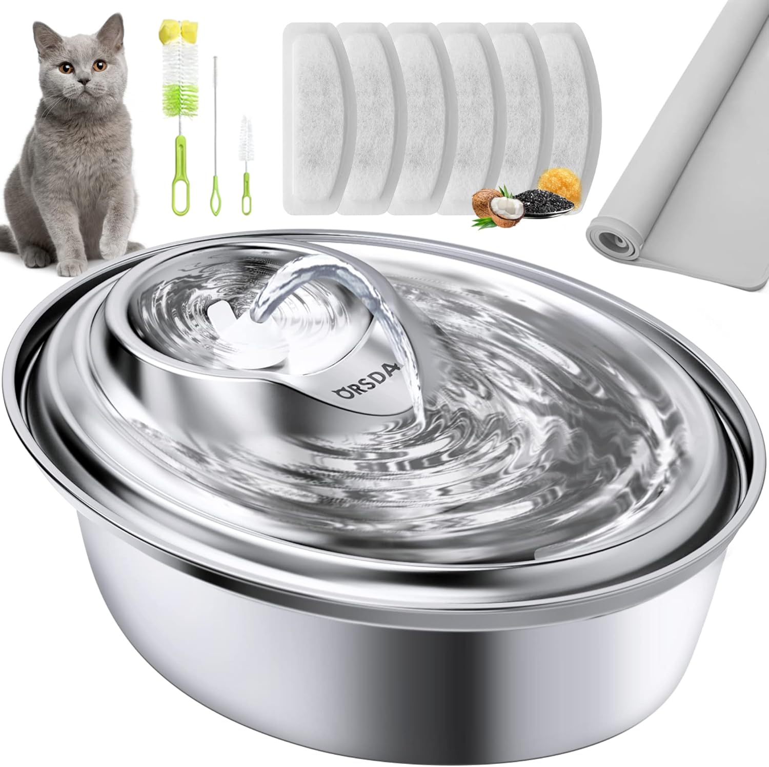 Pet Supplies : ORSDA Cat Water Fountain Stainless Steel, Pet Water Fountain for Cats Inside 2L, Cat Automatic Water Dispenser, Dog Water Fountain, Metal Cat Fountain, Pet Fountain, Cat Drinking Fountain Steel : 