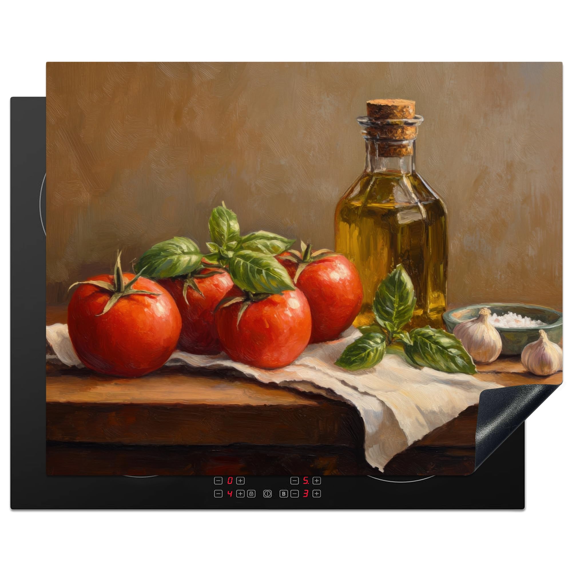 KitchenYeah© Induction Hob Protector Mat 20.5"x25.6" / 65x52 cm Stove Cap Top Cover Kitchen Cooker Covers for Electric Hobs Vinyl Tomatoes - Olive Oil - Still Life