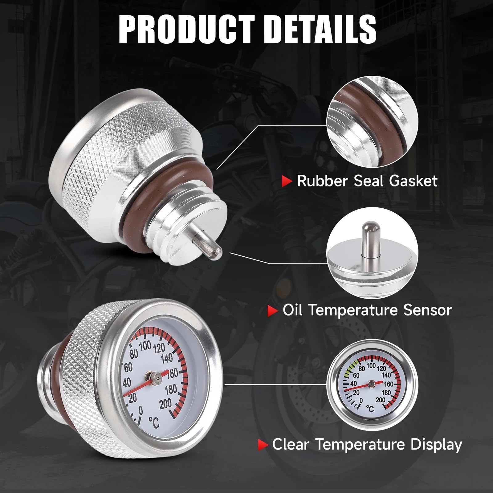 M20x2,5 Motorrad Tankdeckel Abdeckung 0-200 Celsius Öltemperaturanzeige Zeiger Thermometer Zifferblatt Meter Schwarz Silber Pedale Positions sensor(Black)
