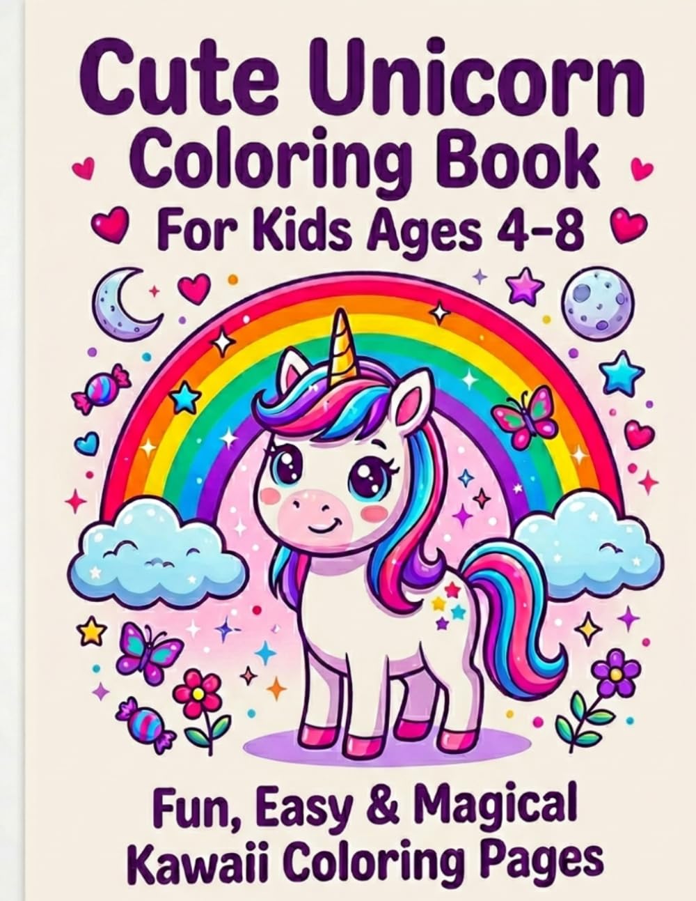 My First Cute Unicorn Coloring Book For Girls Ages 4-8: Bold and Easy Magical Kawaii Unicorn Coloring Pages With Rainbows, Stars and Fantasy Fun