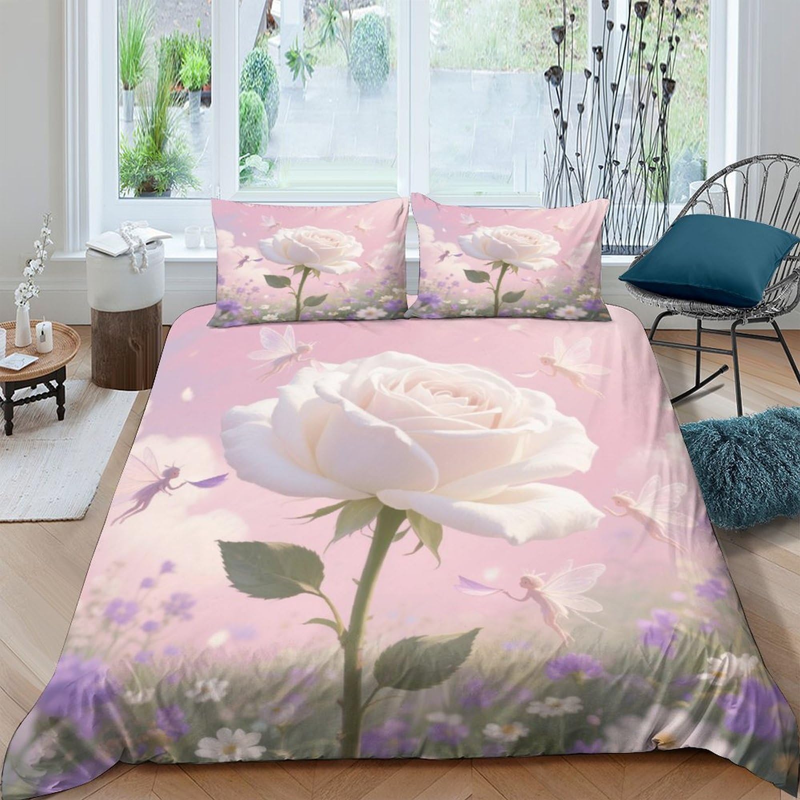 Housse de couette rose 3D 200x200cm en microfibre douce avec sa taie d'oreiller pour lit double