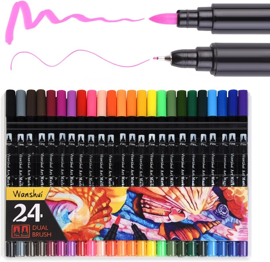 Dual Markers Pen 24 Unique Colors Fine and Brush Tip Art Marker Set with Fineliner 0.4mm Best for Coloring Drawing Painting Wanshui