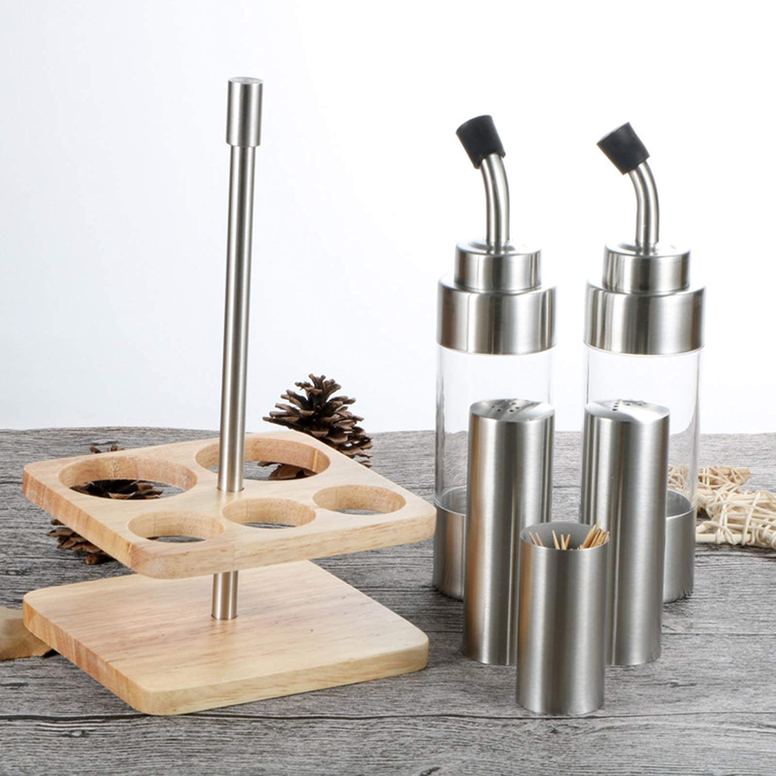 BERTY·PUYI Set Per Bottiglie Per Condimenti Con Base In Legno 5 Pezzi, Per Sale, Pepe, Aceto, Olio, Supporto Per Dispenser Aceto/Olio, Macina Sale, Macina Pepe.