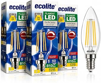 Ecolite Filament LED Mum Ampul E14 Duy 6W 810 L men Dim Edilebilir 2700K Sar  I k  effaf Dekoratif Vintage Ampul 60W E de er C35 Candle Series 3 [Enerji S n f  D]