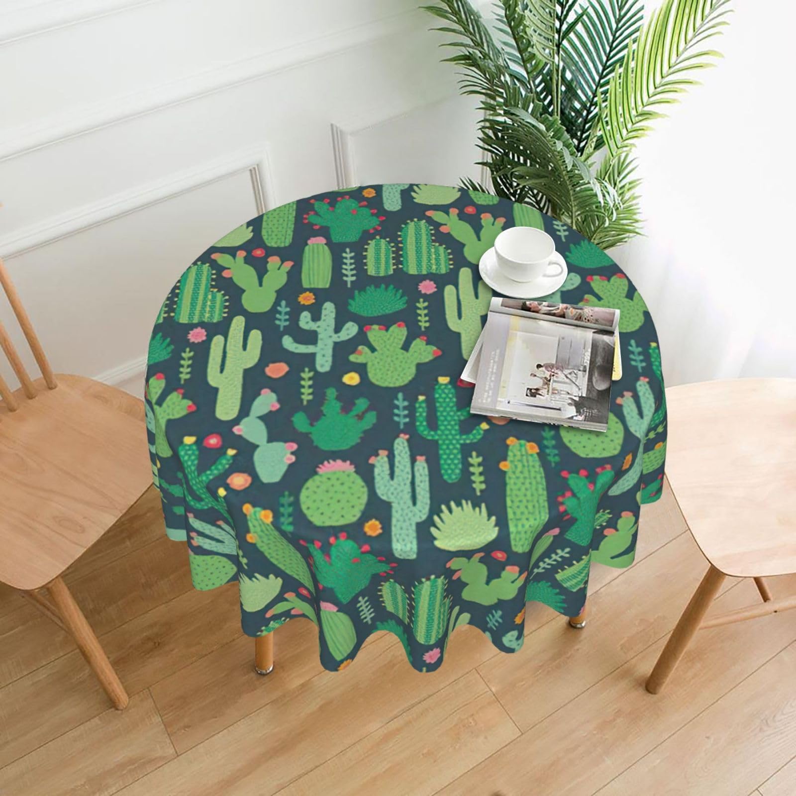 Uusnwaa Cute Cactus Seamless Illustration Print Round Tablecloth 60 Inch, Stain Wrinkle Resistant Washable Polyester Table Cover For Kitchen Party