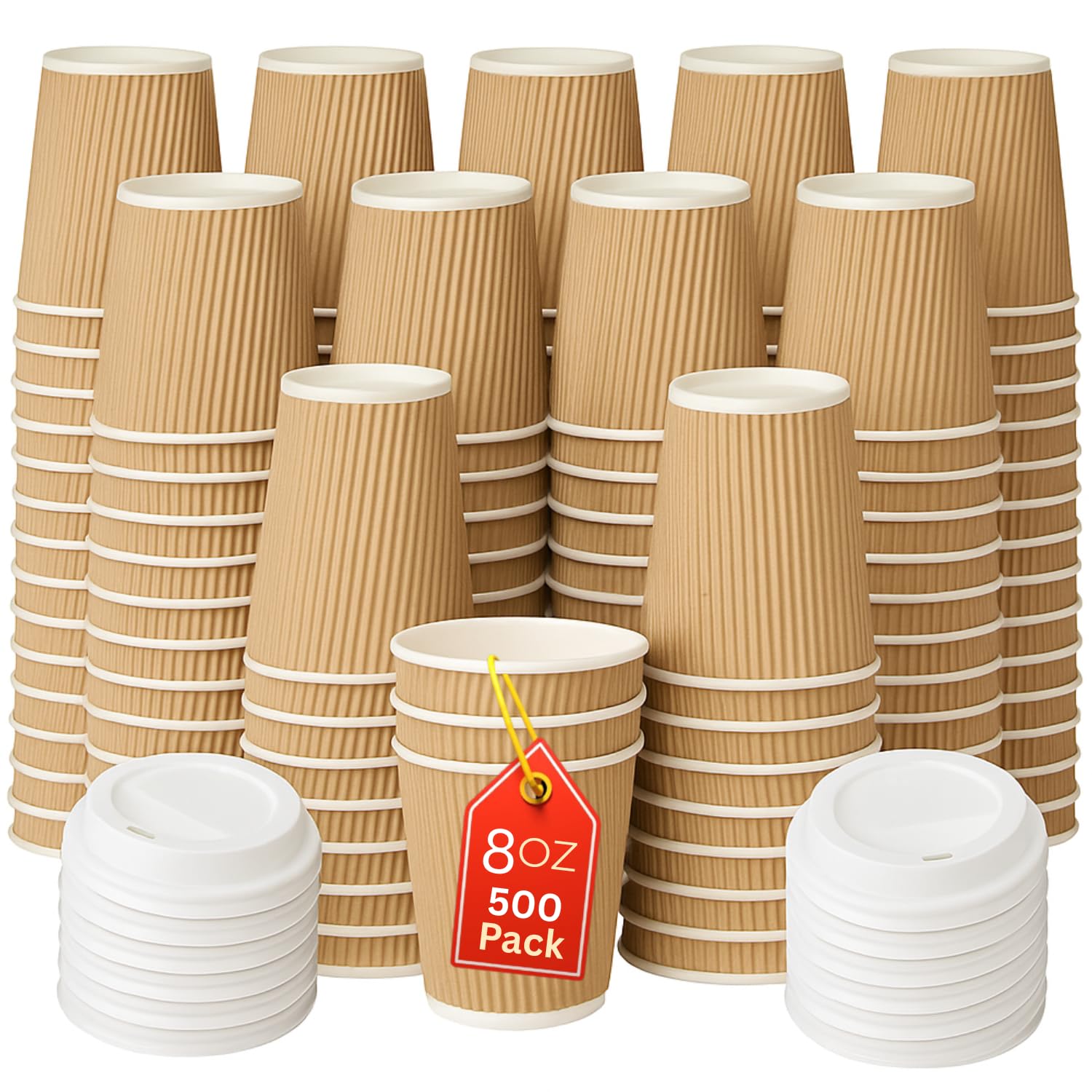 Disposable Coffee Cups With Lids 500 x 8oz (227ml) | Takeaway Ripple Kraft Paper Cups for Hot & Cold Drinks | Triple Wall Insulated Disposable Leak-Proof Drinking Cups for Coffee Shops & Office Use