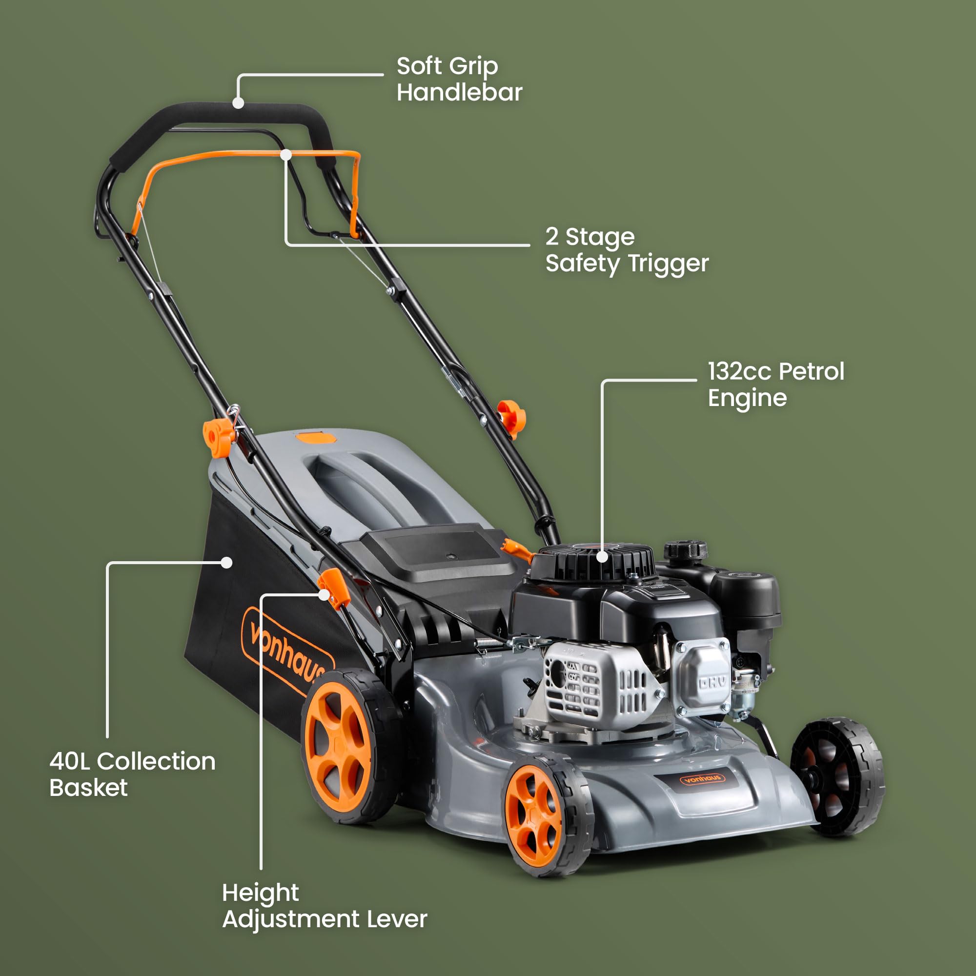 VonHaus Petrol Lawnmower 132cc – Self Propelled Lawn Mower for All Types of Grass/Gardens – 40L Collection Bag, 40cm Working Width, 7 Height Settings — view 7