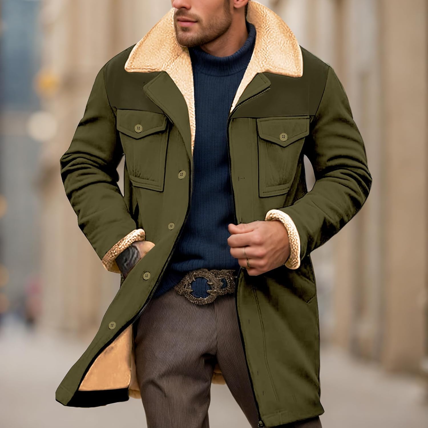 Western Cowboy Jackets for Men Vintage Suede Leather Overcoat Fall Winter Plush Collar Coats Outdoor Long Trench Coat