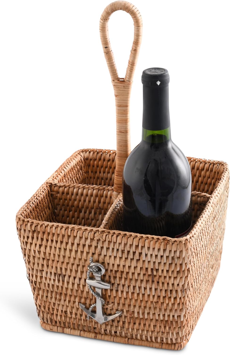 Vagabond House Coastal Woven Rattan Silverware Organizer, Natural Eco-Friendly 4-Compartment Kitchen Storage, Designer Wicker Utensil Holder for Beach House, Picnic, Party, Desk Outdoors