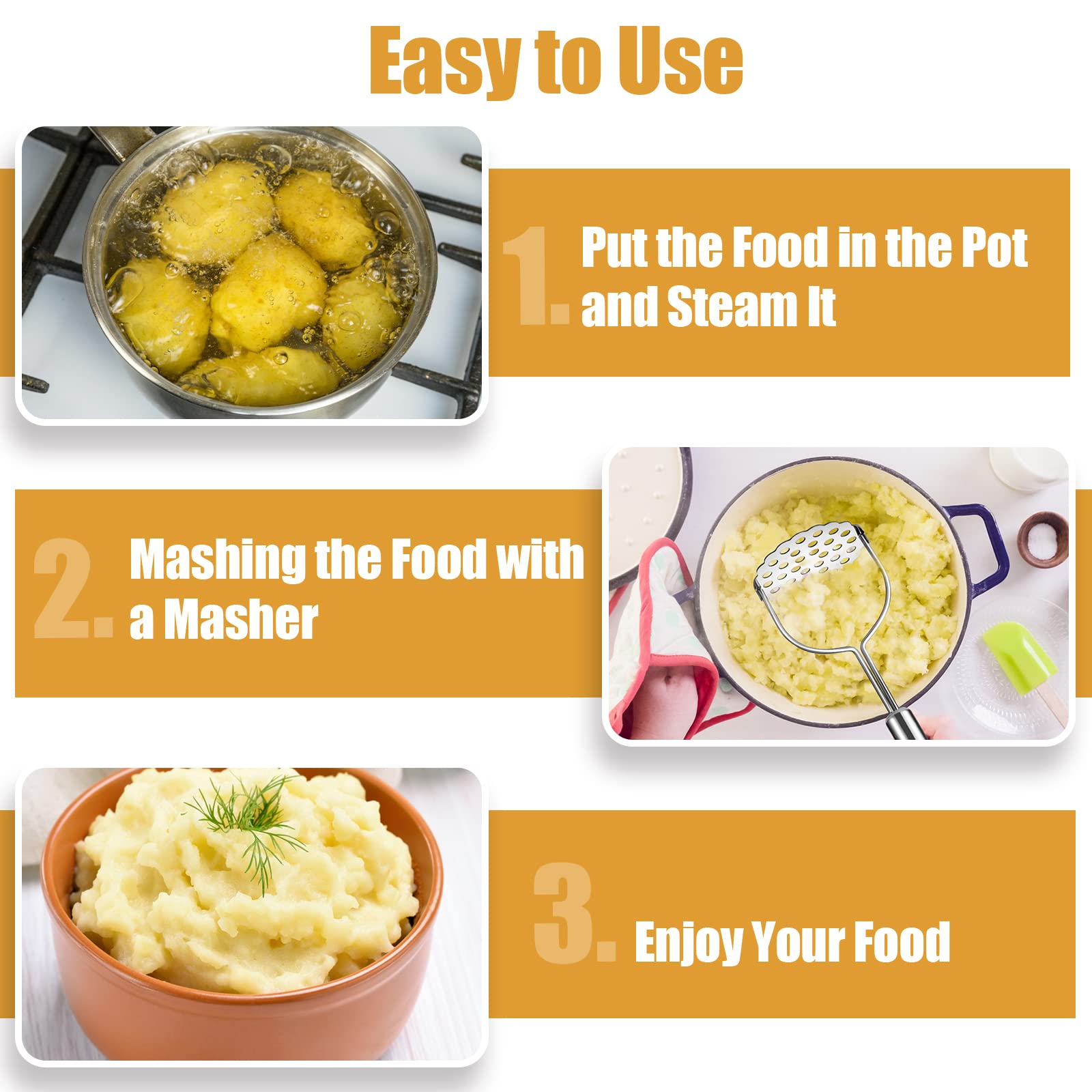 2 Piezas Machacador de Patatas de Acero Inoxidable, Profesionales Patatas Trituradas Manuales Triturador De Mano, Machacador de Alimentos Para Puré de Papas, Frijoles de Aguacate y Fruta