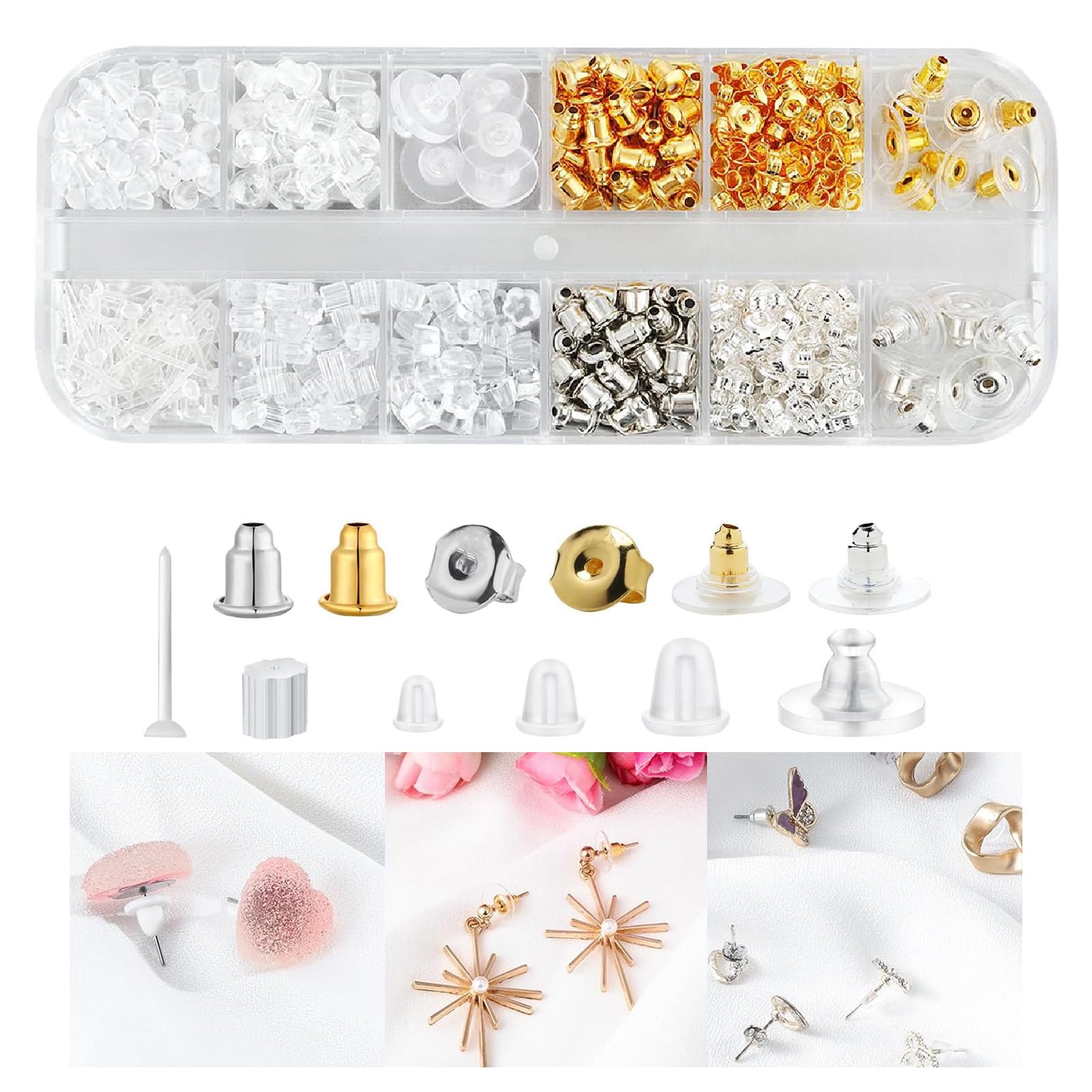 Earring Backs for Ear Studs,600Pcs 12 Styles Clear Earrings Metal Rubber Silicone Earring Backs,Universal Fit for Most Ear Piercings(with Storage Box)-image-6