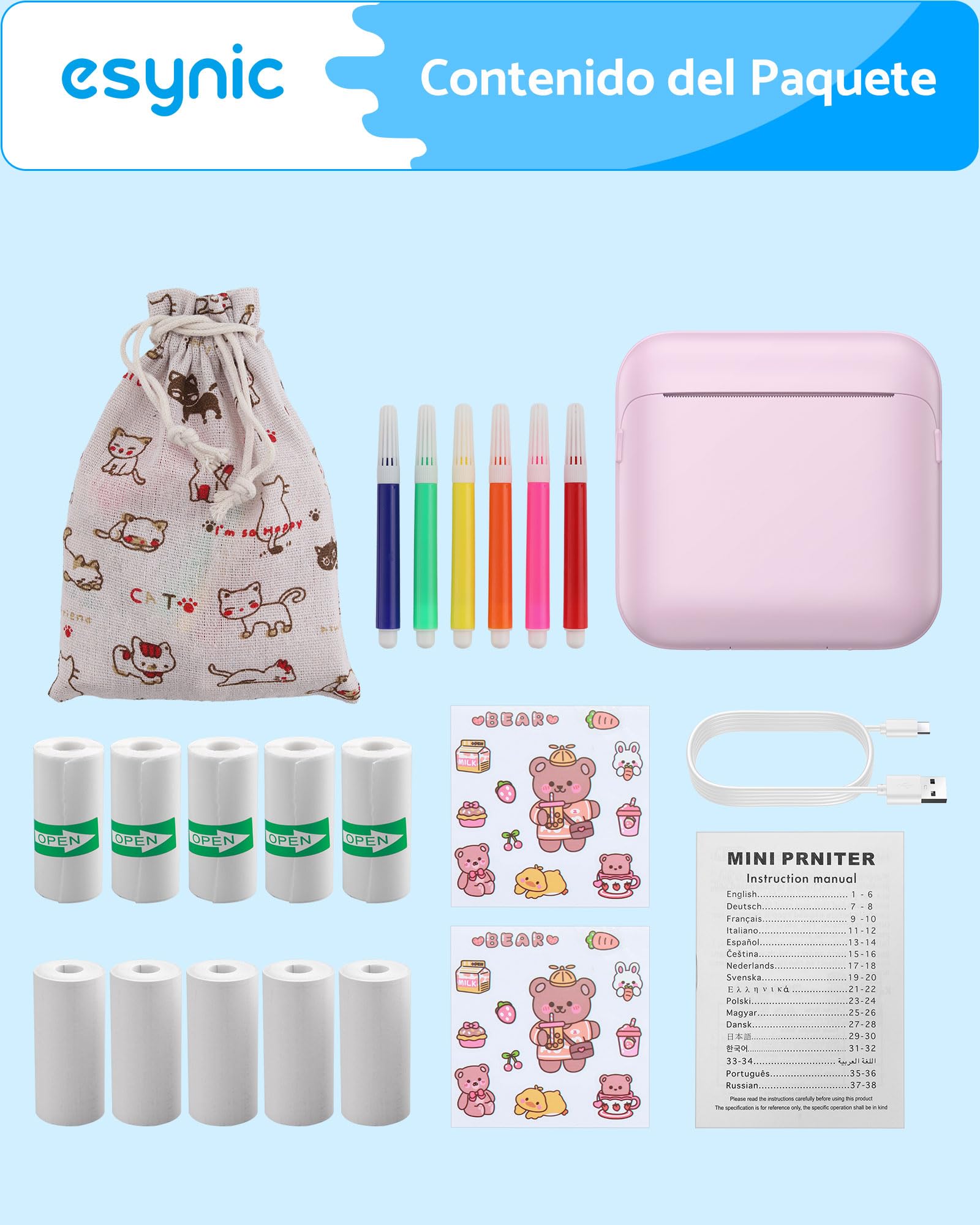 eSynic Mini Impresora Térmica Portátil Sin Tinta Impresora Compacta Bluetooth para Fotos Texto y Stickers Impresión Rápida en Casa y Oficina Compatible Android e iOS Incluye Papel y Accesorios-Rosa