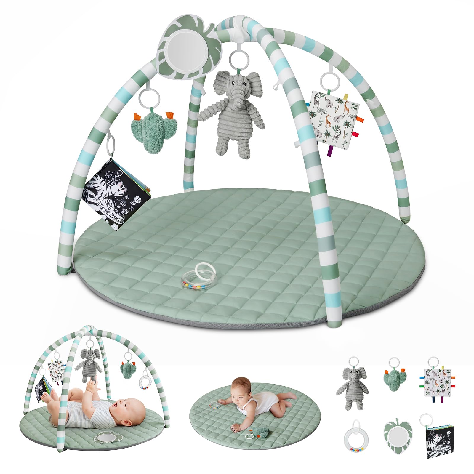 Blissful Diary Baby Play Gym Mat, Tummy Time Activity Mat with 6 Detachable Toys for Stage-Based Sensory & Motor Skill Development, Easy to Install & Clean,Sage Green