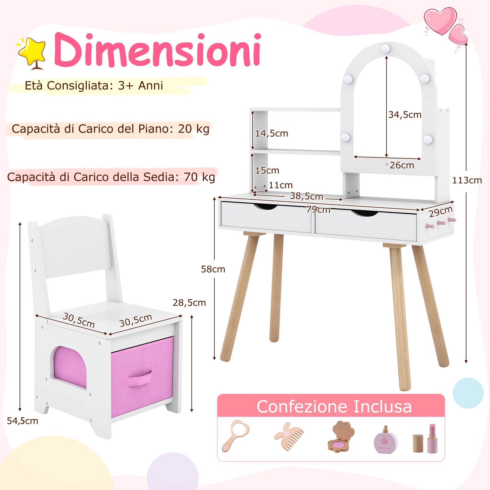 RELAX4LIFE Toeletta Trucco per Bambini con Luci, 3 Colori e Luminosità Regolabile, Set di Tavolo e Sedia con Specchio, Postazione Trucco per Bambini 3+ Anni (Bianco)